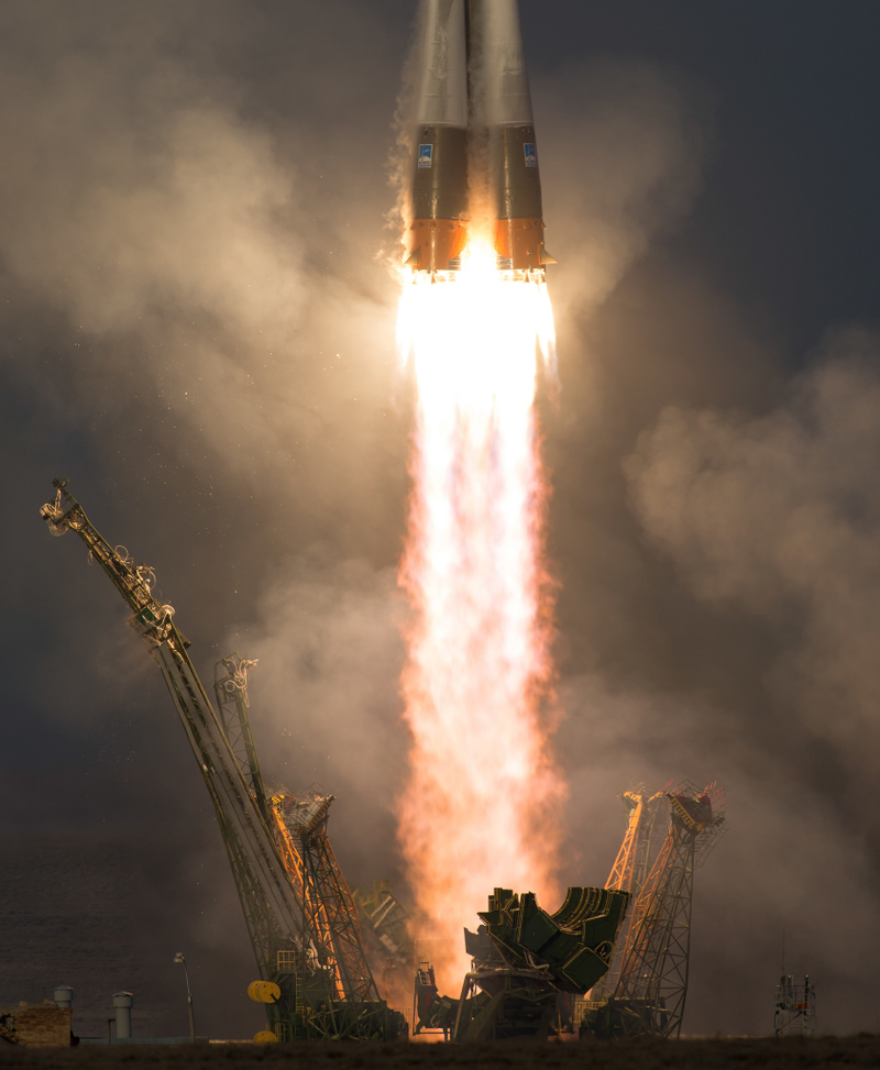 Illustration for article titled Here's a Rare View of the Soyuz Launch From the Hellish Flame Trench